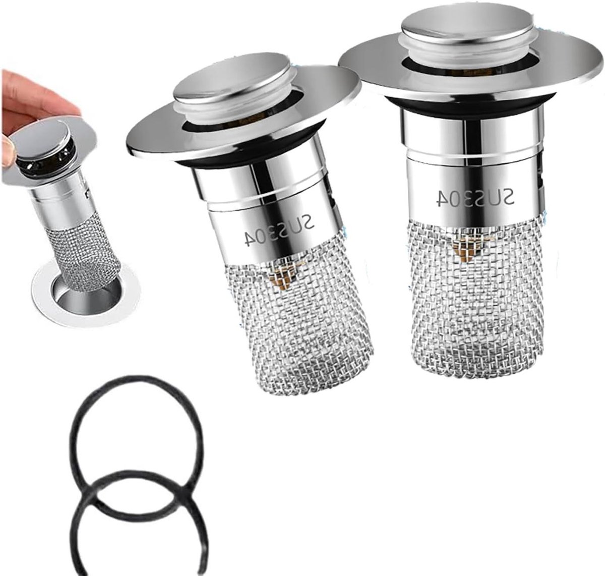 Afvoerstop 2 stuks - Wastafelstop Haarvanger - Verstopping Voorkomen - Pop-up Mechanisme - 33-40 mm - Zilver