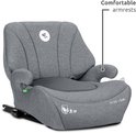 Grijze autostoel met comfortabele armleuningen.
