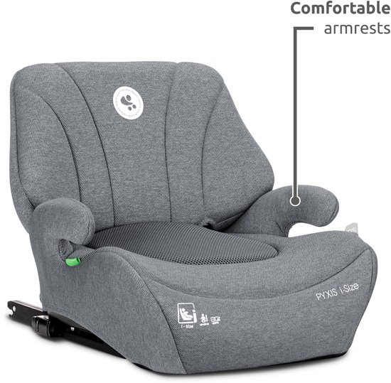 Grijze autostoel met comfortabele armleuningen.