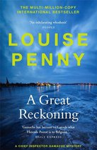 Boek 'A Great Reckoning' van Louise Penny. Cover met besneeuwde stad aan ijzige rivier.