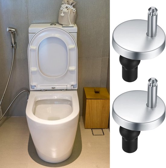 Twee verchroomde toiletbril scharnieren met zwarte rubberen expansies, op de wc-bril gemonteerd.