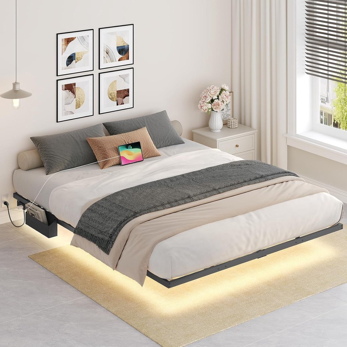 Stijlvol Bedframe 160 x 200 cm met Oplaadstation en LED Strips, Metaal, Dubbel Bed voor Sl