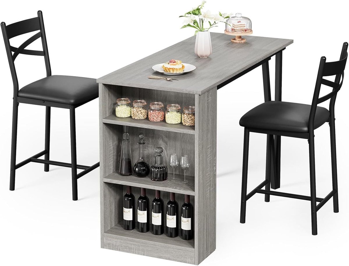 HOERFURIY Industriële Bartafel Set met 2 Barstoelen - Uitschuifbaar en Inklapbaar Tafelblad - Met 3 Opbergplanken - Ruimtebesparend - Grijs/Zwart