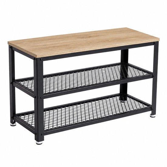 ACAZA Schoenenrek - Schoenenbank - Schoenenkast - 73 x 45 x 30 cm - Industrieel Design - Metaal met Hout - Lichte Eik Kleur