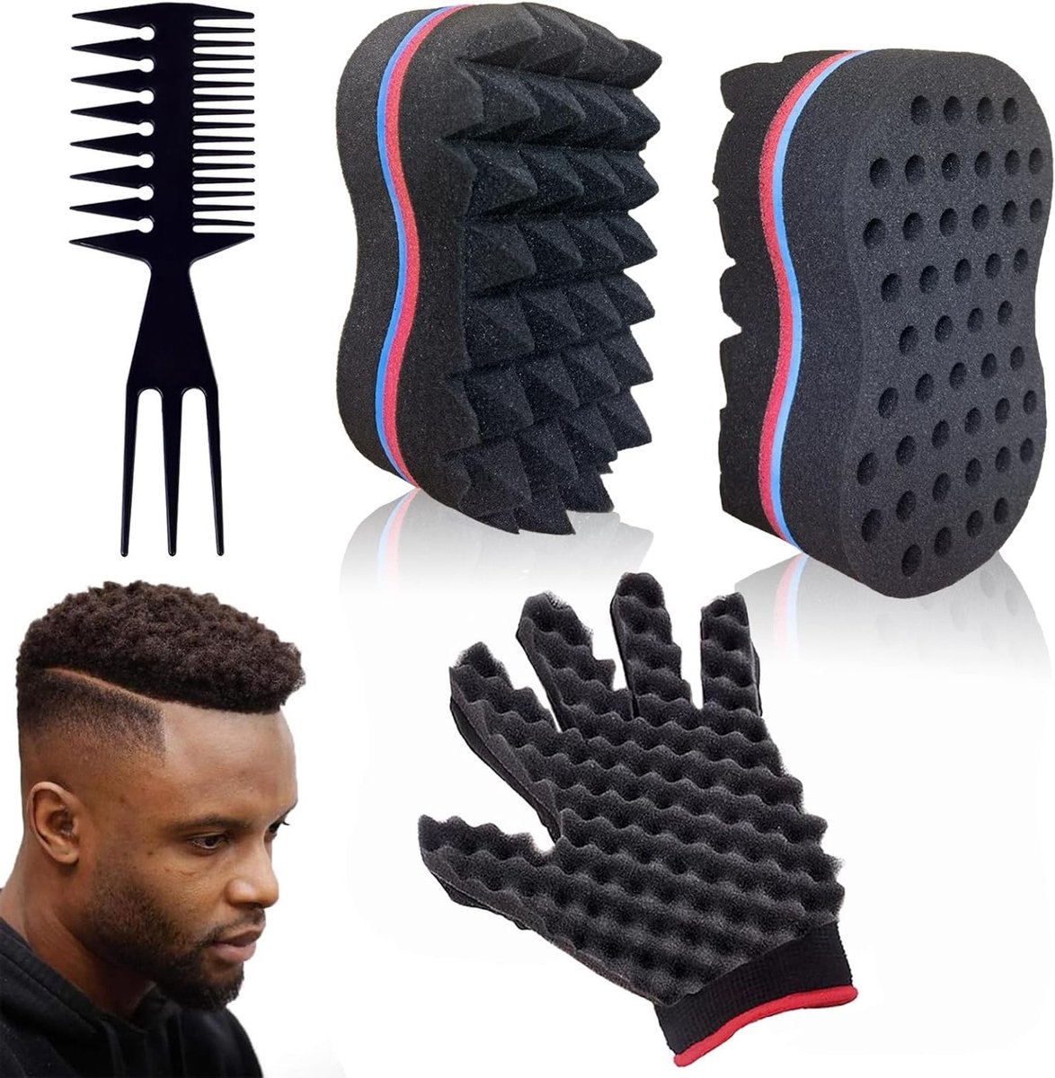 Set van 3 Dubbelzijdige Haarborstels en Sponsen voor DIY Krullen, Perfect voor Afro Krullen, Coils en Gevlochten Haar Styling Tools