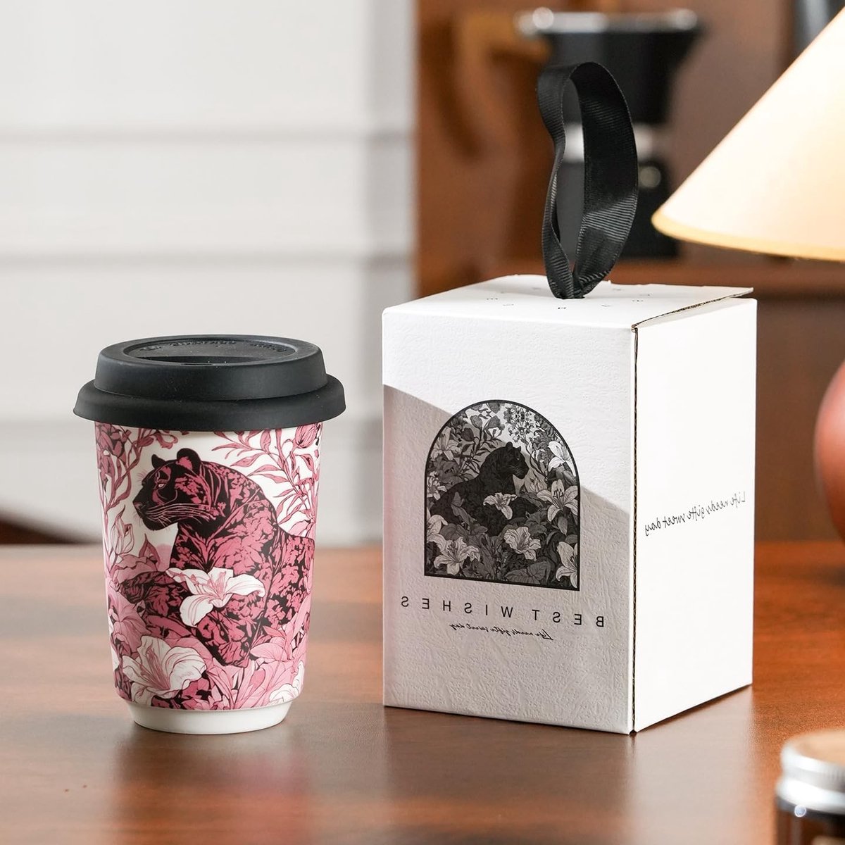 Herbruikbare keramische koffiekop van 300 ml met siliconen deksel, luipaardpatroon, ideale reiskoffiemok en theekop voor onderweg
