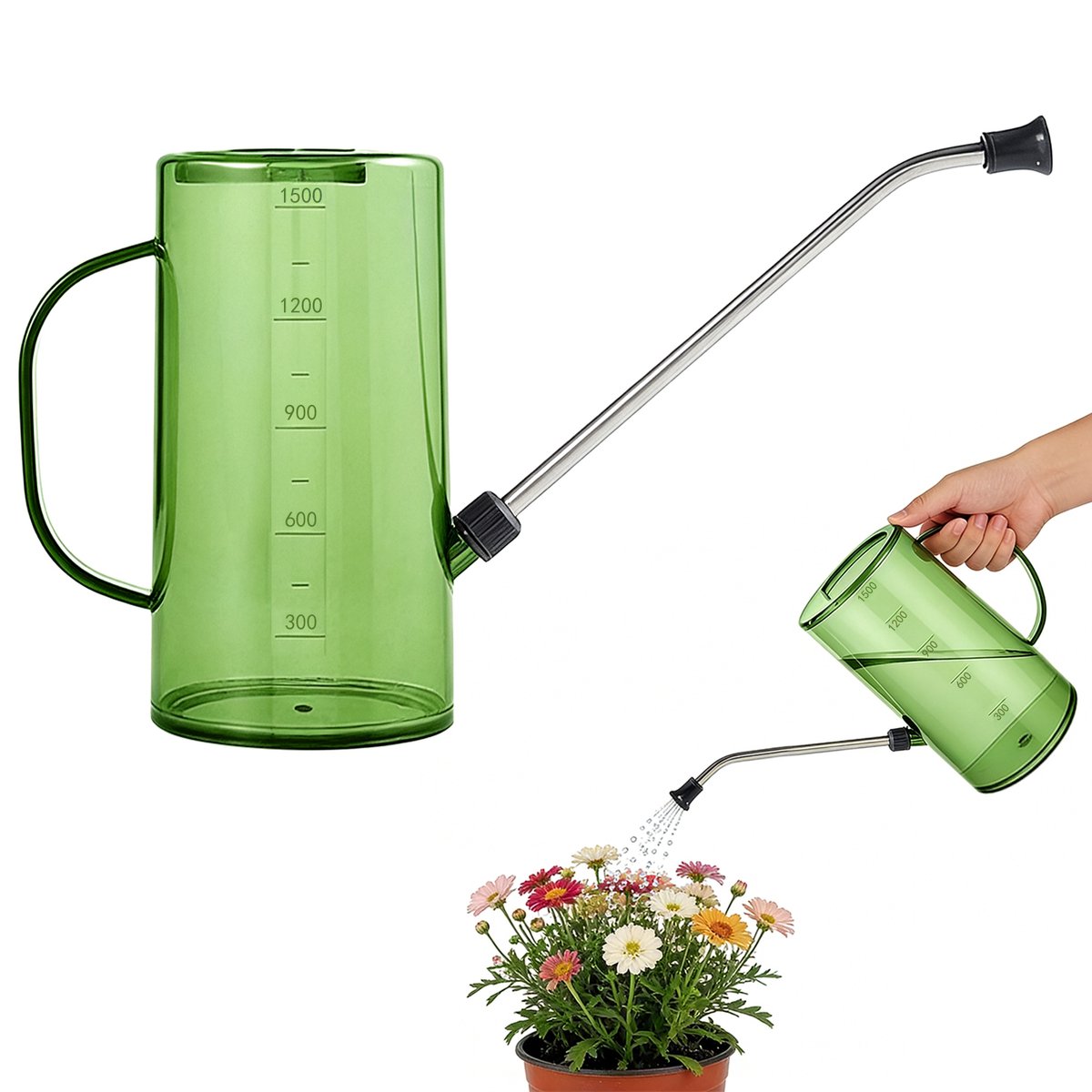 1500 ml Gieter – Ontwerp met lange tuit – Geschikt voor binnen- en buitenplanten, vetplanten en bloemen – Gieter met maatverdeling – Sproeigiet – Tuingereedschap en bewateringsset voor potplanten – Tuinbewateringsset – Maat M