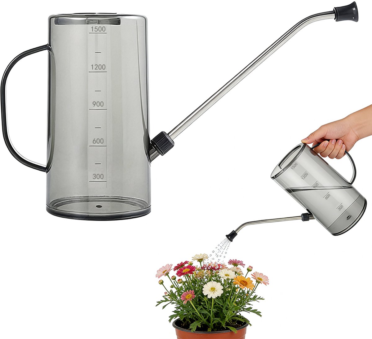 1500 ml Gieter – Ontwerp met lange tuit – Geschikt voor binnen- en buitenplanten, vetplanten en bloemen – Gieter met maatverdeling – Sproeigiet – Tuingereedschap en bewateringsset voor potplanten – Tuinbewateringsset – Maat M