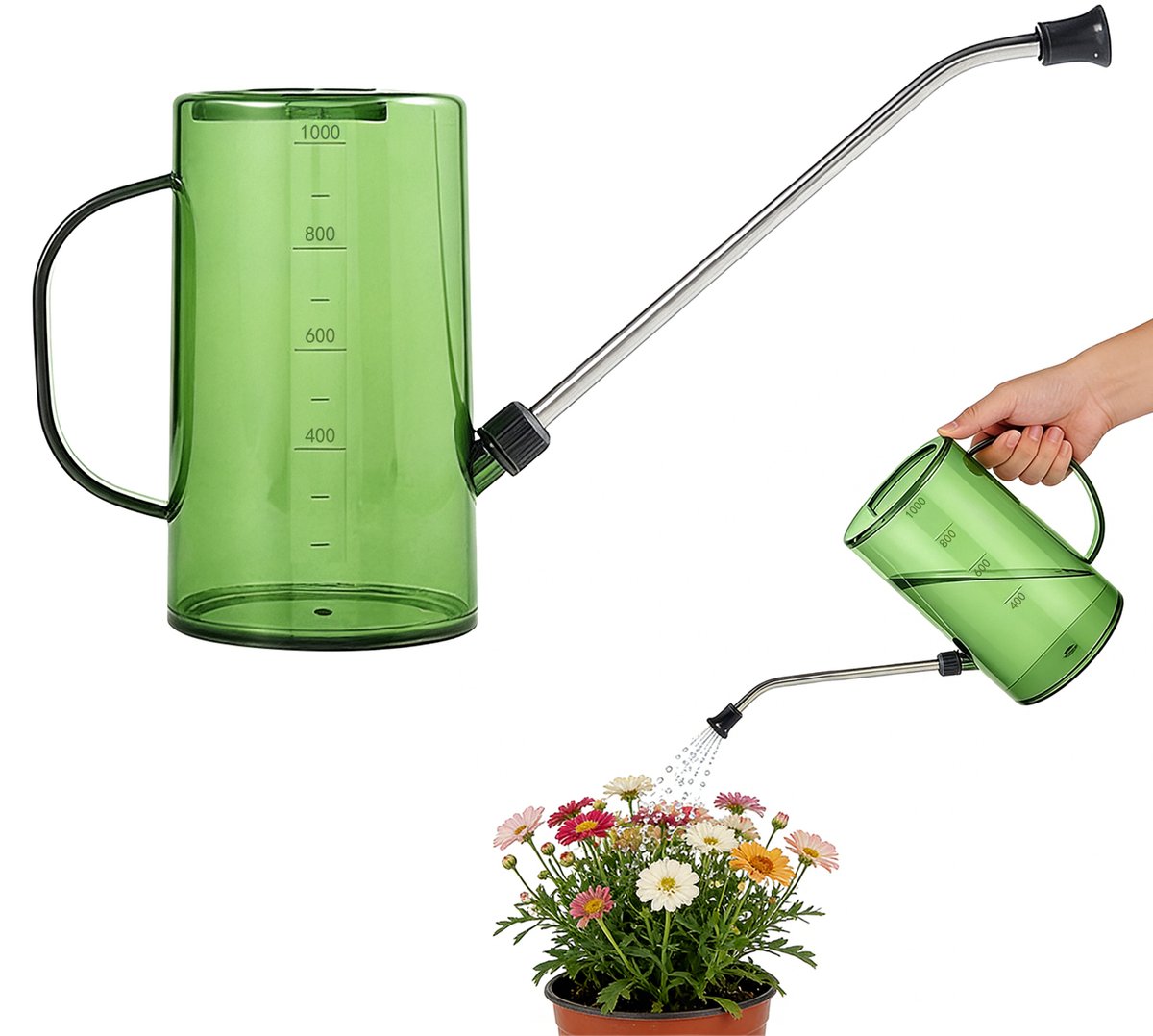 1000 ml Gieter – Ontwerp met lange tuit – Geschikt voor binnen- en buitenplanten, vetplanten en bloemen – Gieter met maatverdeling – Sproeigiet – Tuingereedschap en bewateringsset voor potplanten – Tuinbewateringsset – Maat S