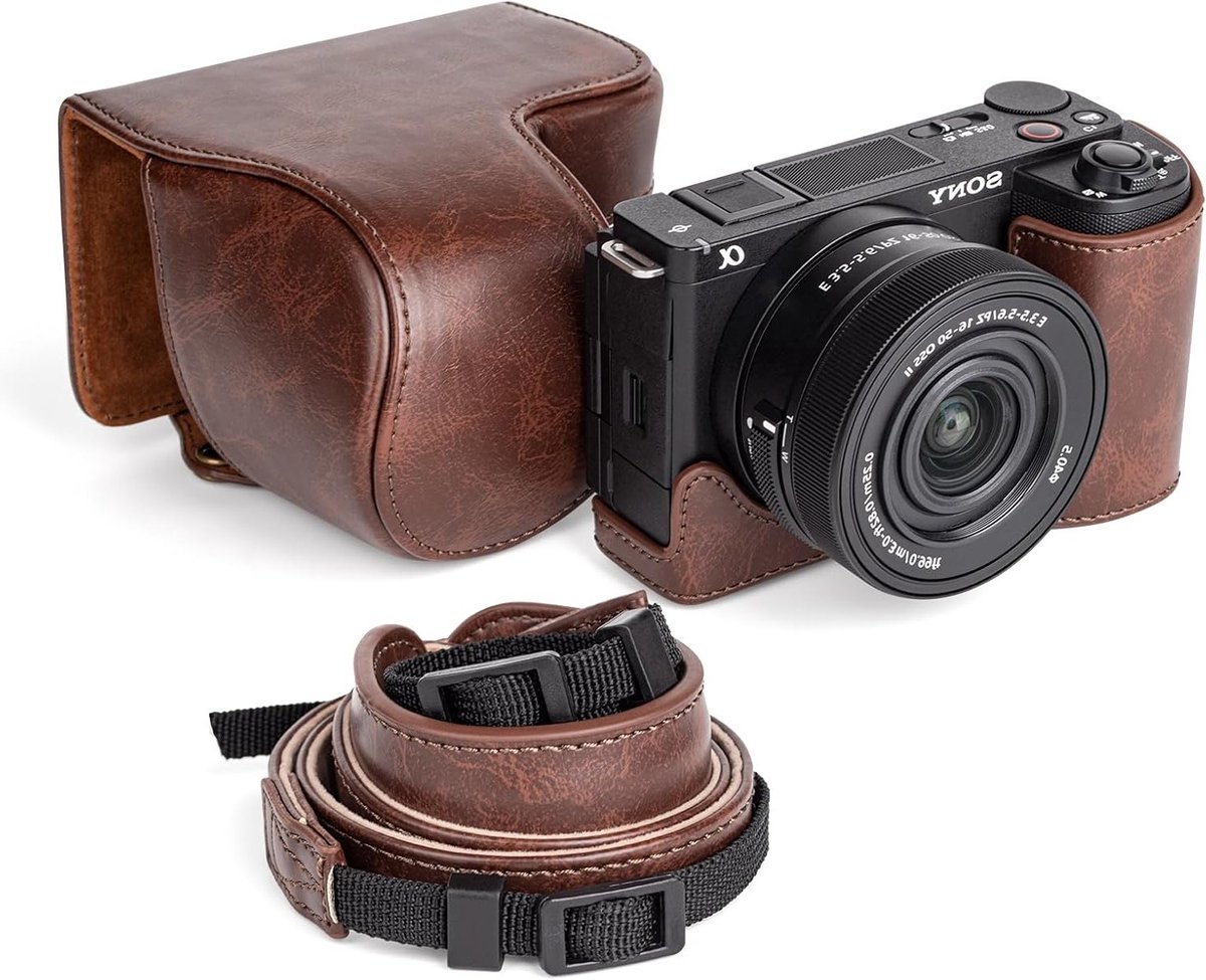Beschermende PU Leren Hoes voor Sony ZV-E10 met Afneembare Schouderriem en 16-50mm Lens