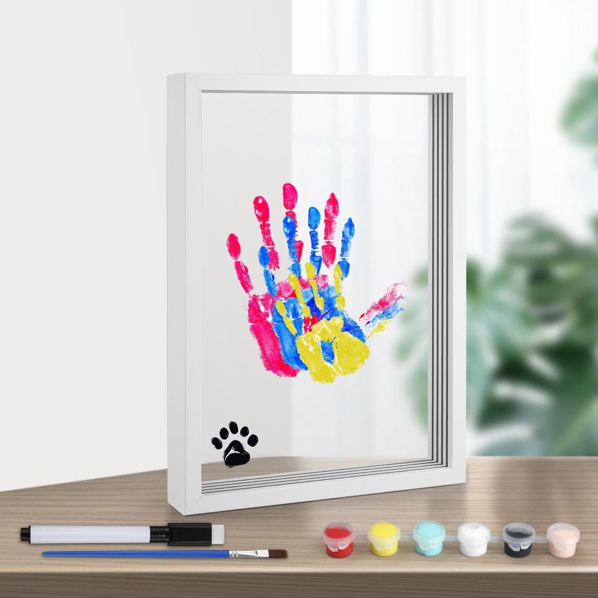 Familie Handafdruk Kit voor Foto's, Houten Fotolijst voor Herinneringen, Creatieve DIY Set met 6 Acrylverf Kleuren voor Nieuwe Ouders en Baby's