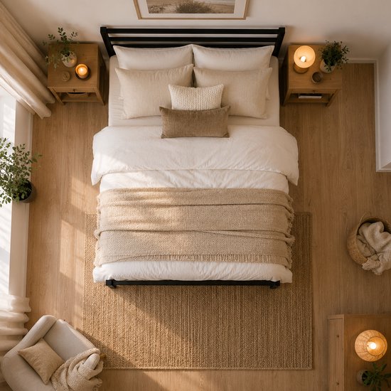 Overzicht van bovenaf van een opgemaakt zwart metalen bedframe met lichte dekens, kussens en plaids. Twee nachtkastjes.