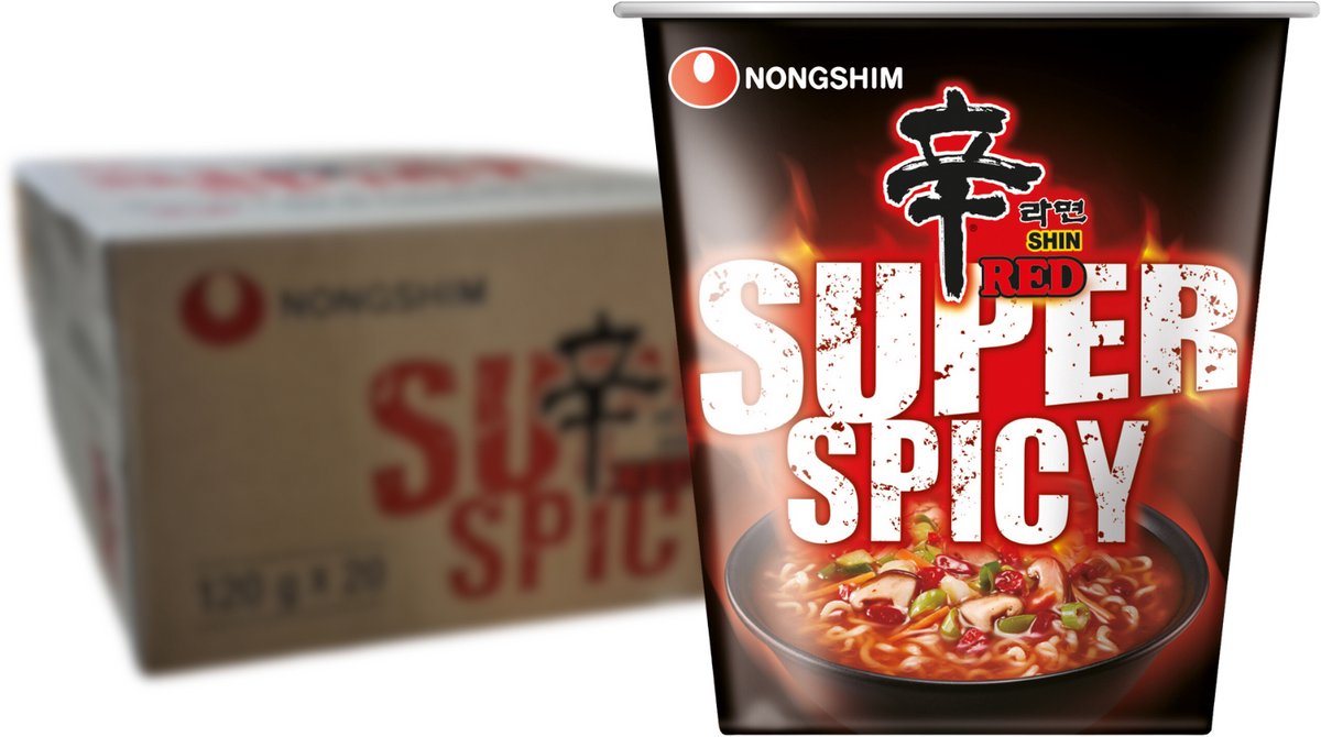 Nongshim Shin Red Super Spicy Cup Noodles 68g – 12 Stuks – Koreaanse Instant Noedels – Extra Pittig