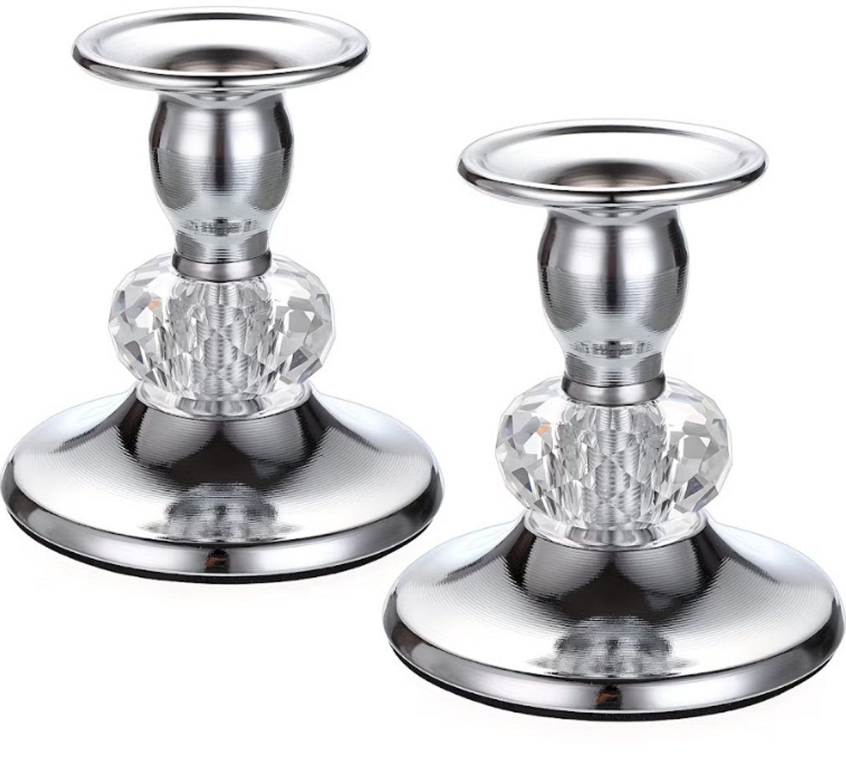 NUVEX Zilverkleurige metalen kandelaar set van 2 met kristal detail – kandelaars voor dames en heren – klassieke kaarsenhouders met ronde voet en transparant geslepen middenstuk voor tafeldecoratie