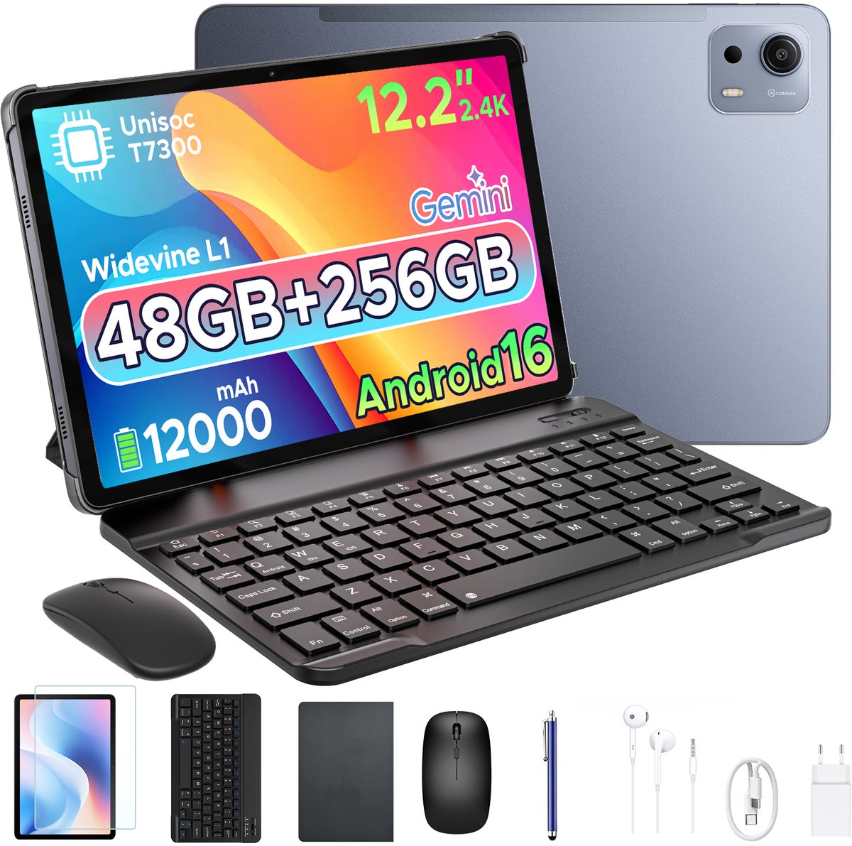 POCKAM P12 Plus - Tablet - 48GB RAM (12+36GB) + 256GB ROM (2 TB/TF) - 12,2 inch 2,4K 120Hz IPS - Android 16 - 12000mAh/18W - T7300 - Wi-Fi 5 - Bluetooth 5.0 - Quad-luidsprekers - Volledige accessoirebundel met toetsenbord en stylus