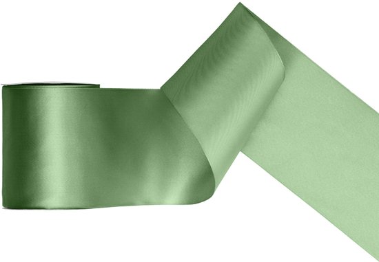 Donker sagegroen satijnen lint, 100mm breed, met een glanzende afwerking.