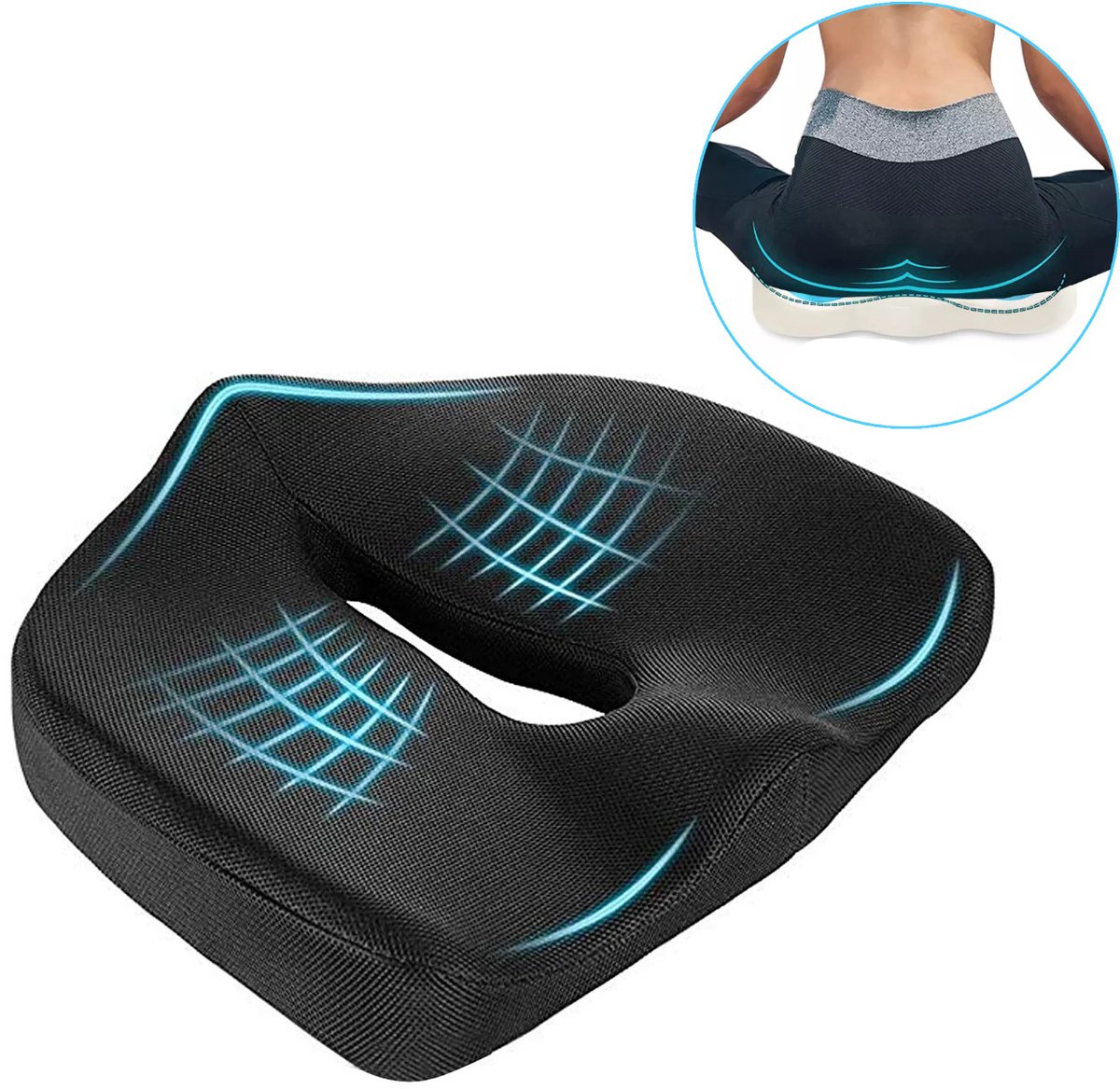 CenZ® Zitkussen, Orthopedisch Ergonomisch Traagschuim Stoelkussen, Zitkussen Bureaustoel, Comfortabel Memory Foam Steunkussen, Wigkussen, Coccyx Kussen, Bureaustoelkussen , Autostoelkussen, Stuitkussen, İschiaskussen, Zwangerschapskussen, 43x38cm