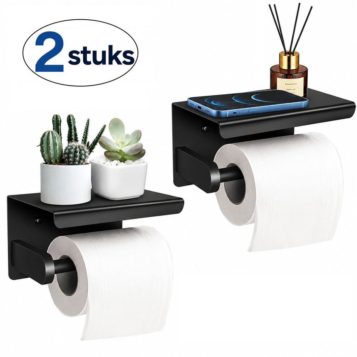 Toiletrolhouder zonder boren met plankje – 2 stuks zelfklevende WC rolhouder van RVS, wandmontage met telefoonhouder en sterke lijm voor badkamer en toilet