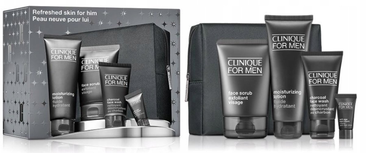 Clinique for Men Refreshed Skin For Him 4 Set - Moisturizing Lotion 100 ml + Face Scrub 100 ml + Eye Cream + Charcoal Face Wash