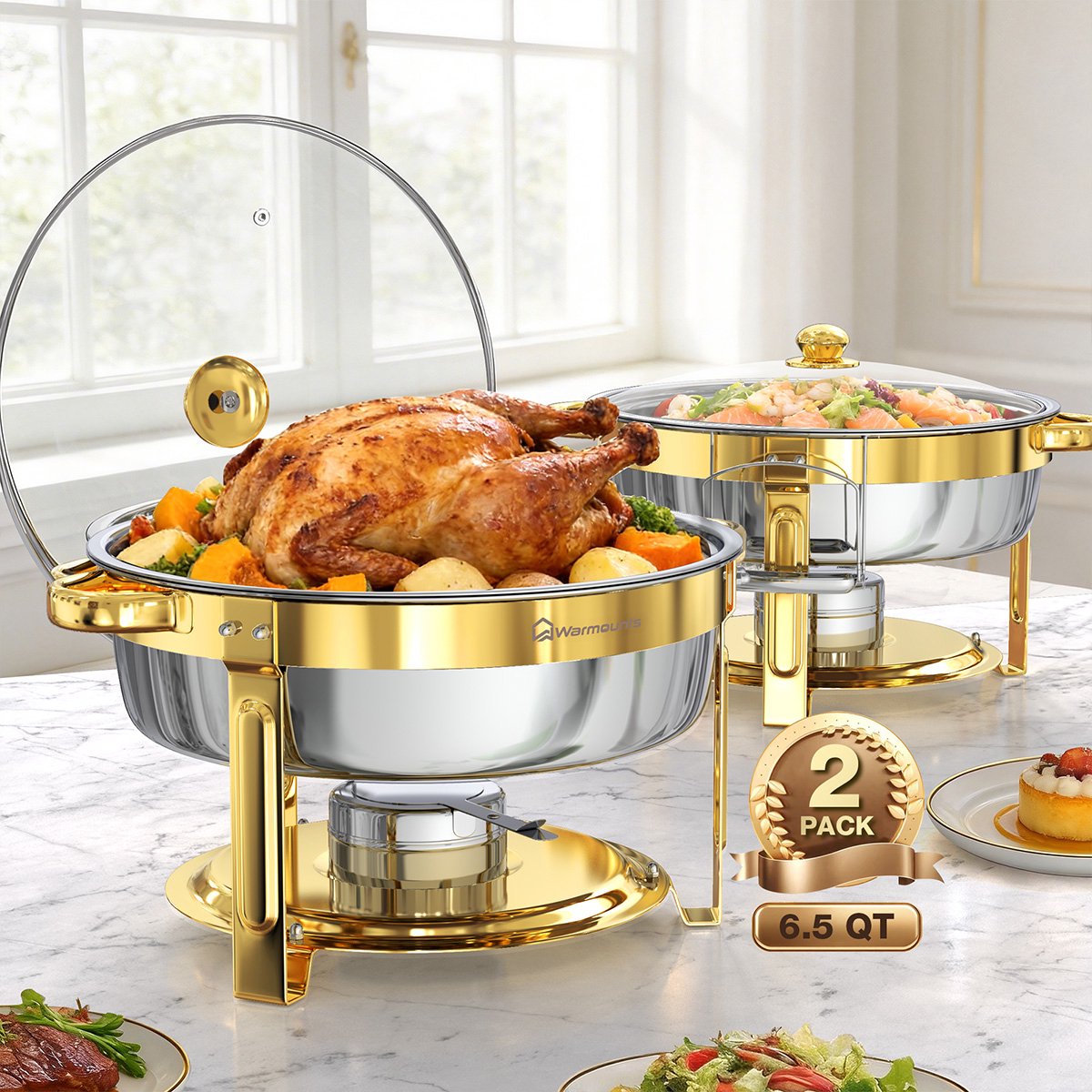 WARMOUNTS 2-delige Chafing Dish Set 6,15 L – Ronde RVS Buffet Warmhouders met Glazen Deksel voor Feest, Bruiloft & Catering – Goud