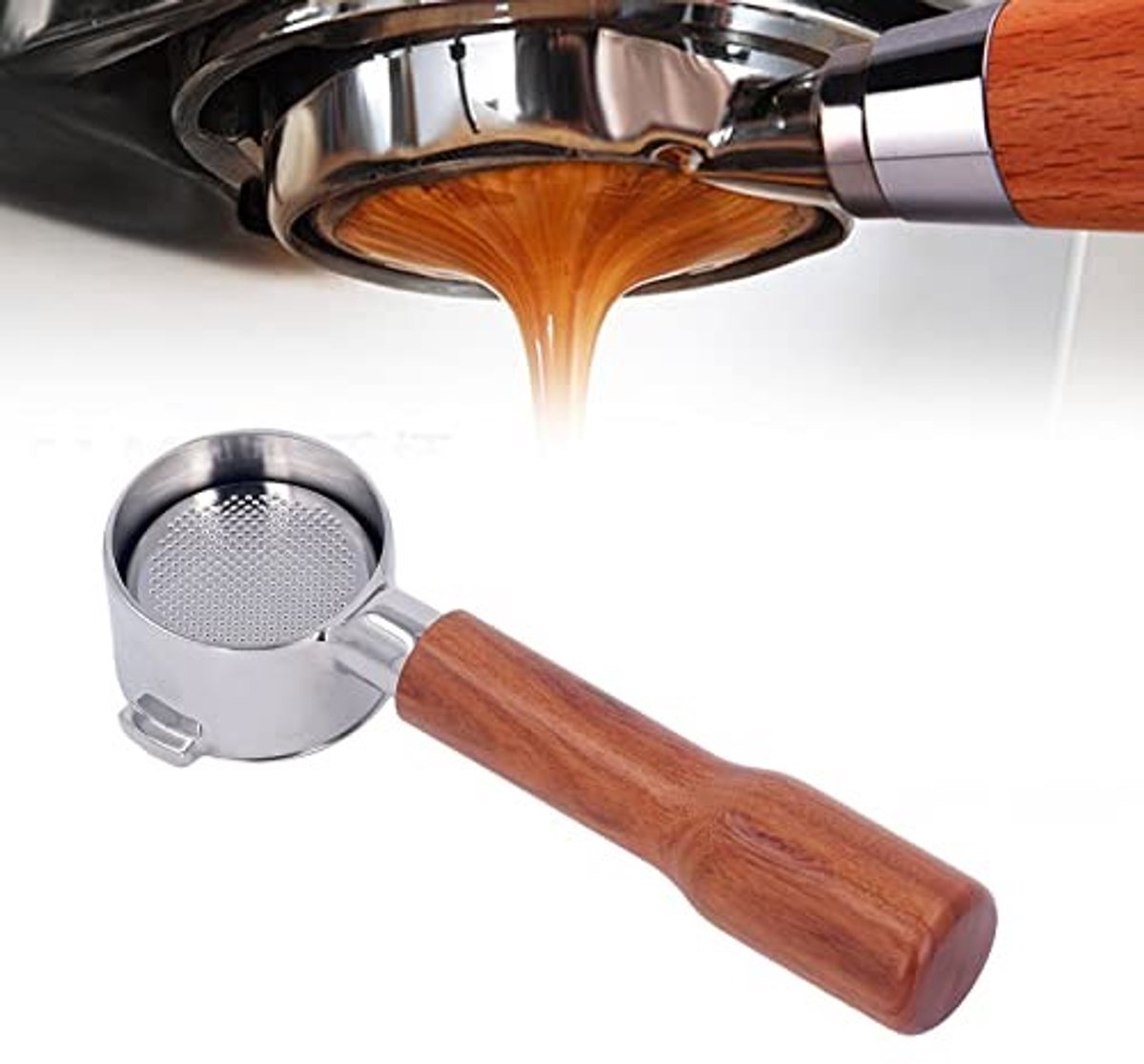Dailygoody - 51mm Filterhouder - Bodemloze Portafilter - Rvs Koffiezetapparaat Onderdelen - Rood Hout - Geschikt voor DeLonghi EC0310 - Inclusief Filt