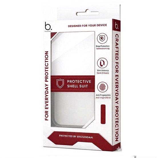 Verpakking van Brosendaal hoesje, met "FOR EVERYDAY PROTECTION" en "PROTECTIVE SHELL SUIT".