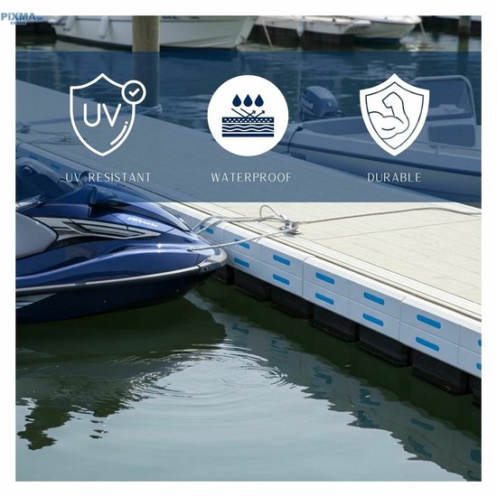 Waterscooter aangemeerd aan een grijze vlonder met witte rand en blauwe accenten. Iconen tonen UV-bestendigheid, waterdichtheid en duurzaamheid.