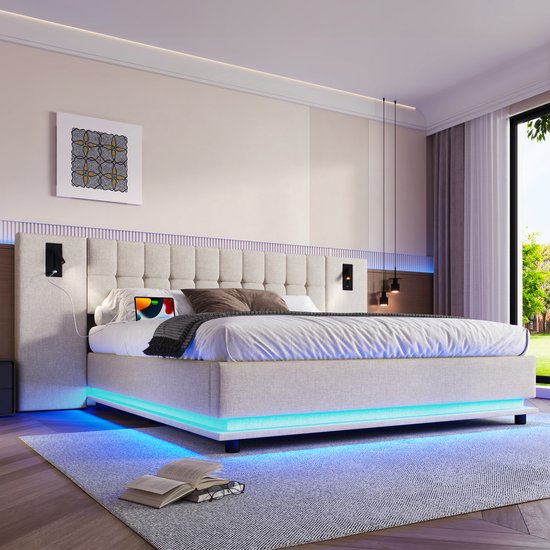 Lit rembourré beige avec tête de lit capitonnée, ports USB et éclairage LED bleu.