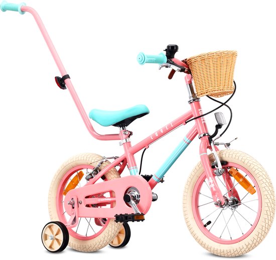 Een roze-mintgroene kinderfiets met zijwieltjes, duwstang, mandje en bel, geïsoleerd op witte achtergrond.