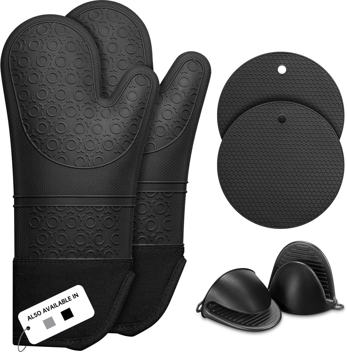 6-delige Set Ovenhandschoenen & Onderzetters – Hittebestendig tot 260°C – Extra Lange Handschoenen (38 cm) – BPA-vrij Silicone met Katoenen Voering – Antislip Honingraatstructuur – Machinewasbaar