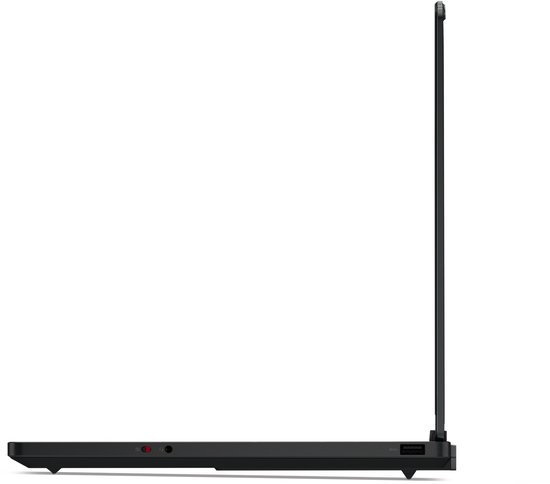 Zijkant van een open zwarte Lenovo Legion laptop, met USB-poort en audioaansluiting.