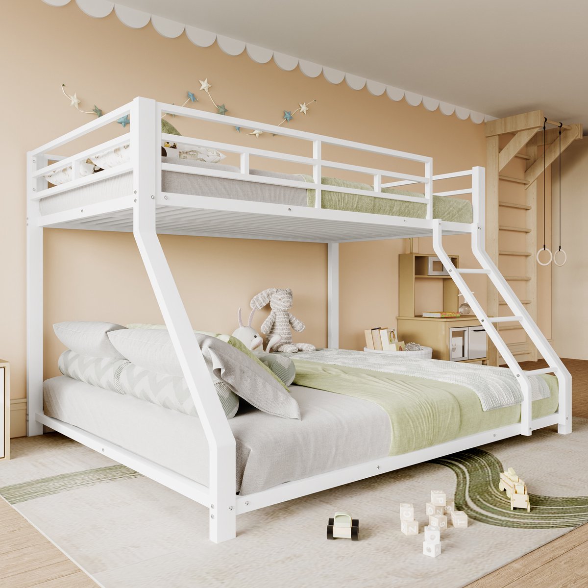 Kinderbed Stapelbed 90*200 cm 140*200 cm, Tienerhoogslaper - Kinderhoogslaper met Leuning en Opstapje, EN747 Gecertificeerd, Zonder Matras, Metaal-Wit