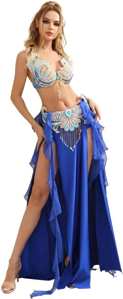 Bellydance set voor vrouwen met outfit, kostuums, beha, riem en rok voor dansperformances