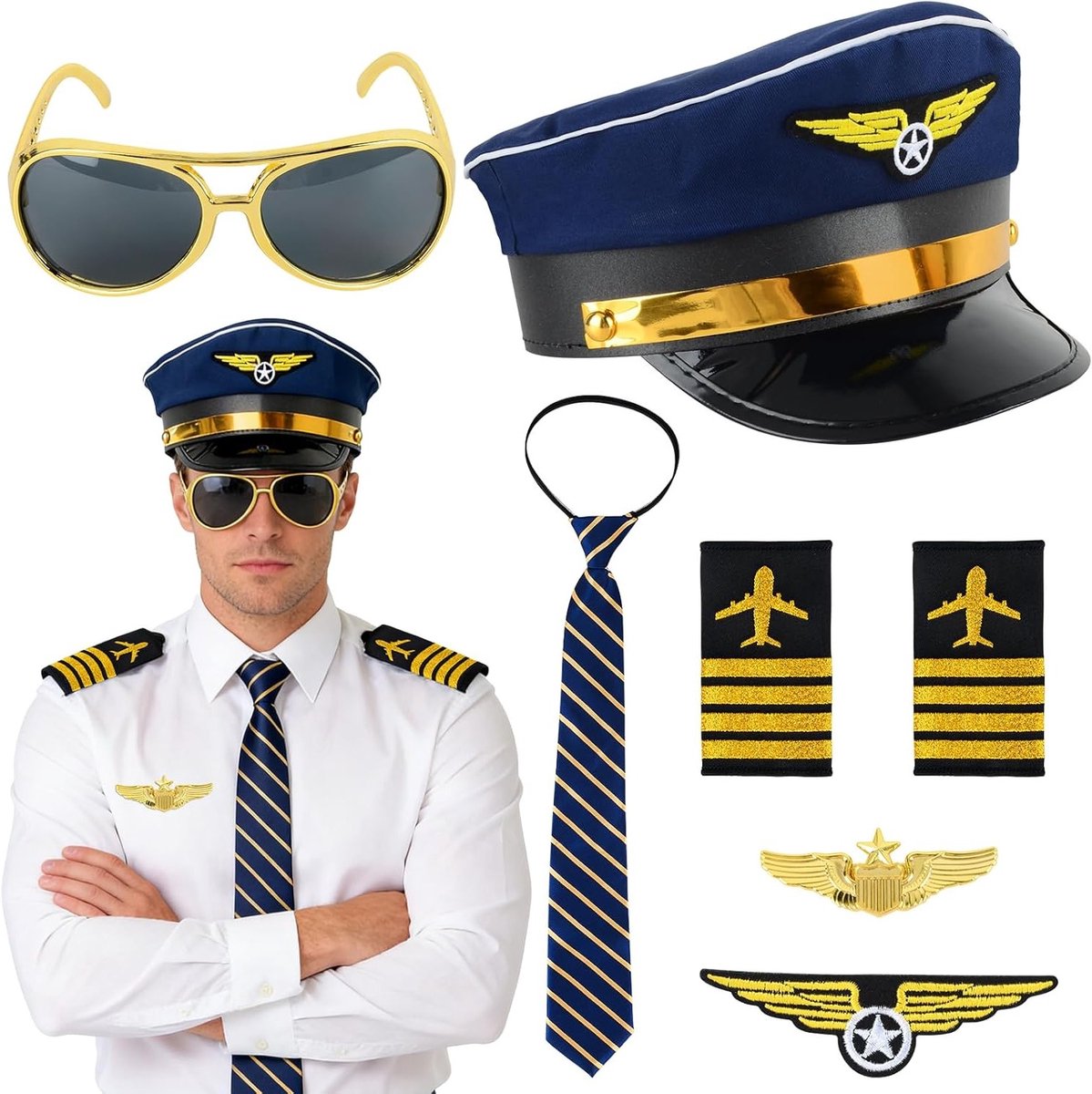 Complete Aviator Kostuum Accessoires Set met Captain Hoed, Stropdas, Zonnebril en Schouderpads voor Themafeesten en Cosplay