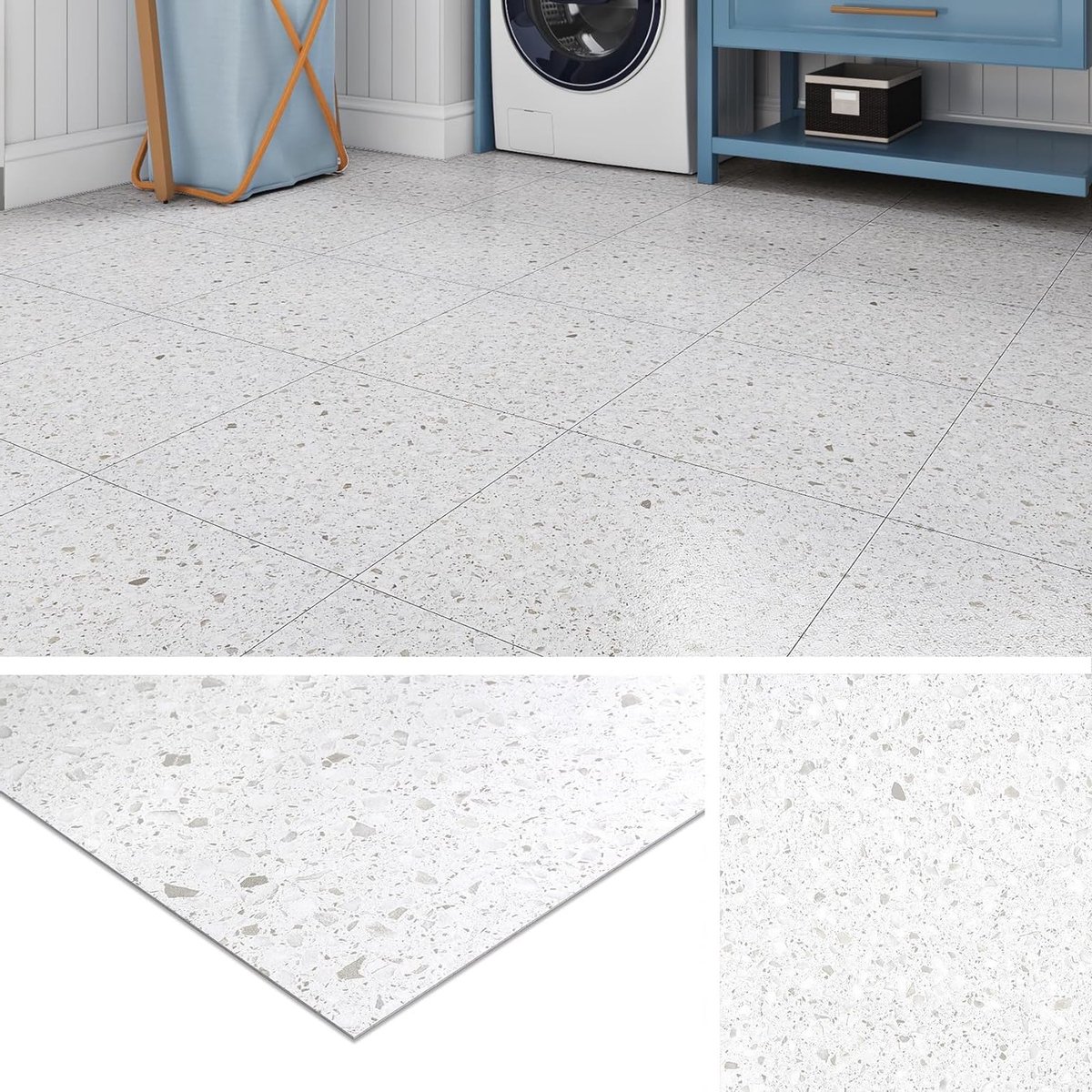 Zelfklevende Terrazzo PVC Vloerbedekking voor Badkamer en Keuken, Waterdichte Tegels Lichtgrijs 30x30CM, 4 Stuks, Duurzaam en Eenvoudig te Installeren