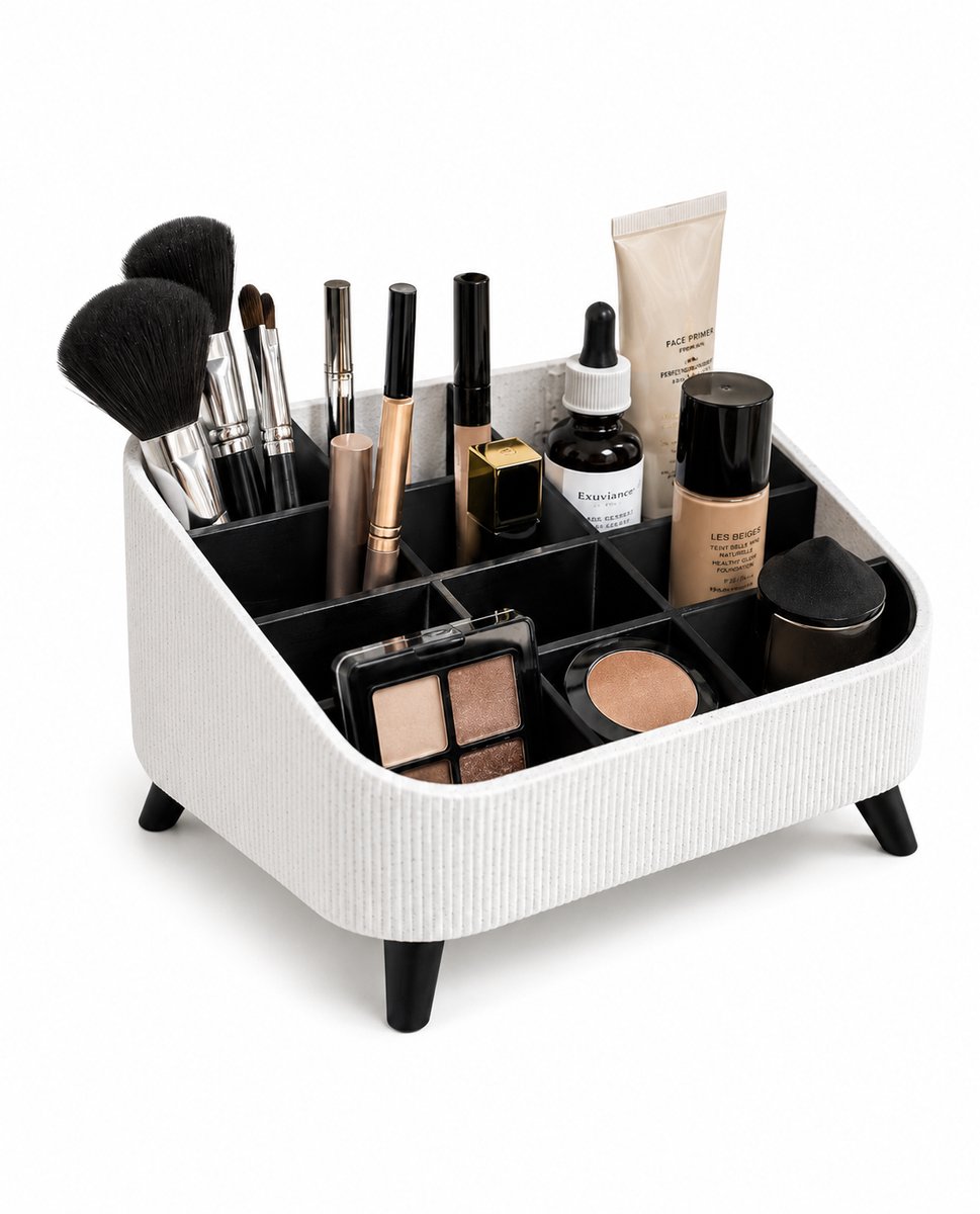 Make-up Organizer Marble met Zwarte Vakken en Pootjes – Cosmetica Opberger voor Kwasten, Skincare en Make-up – Modern Design