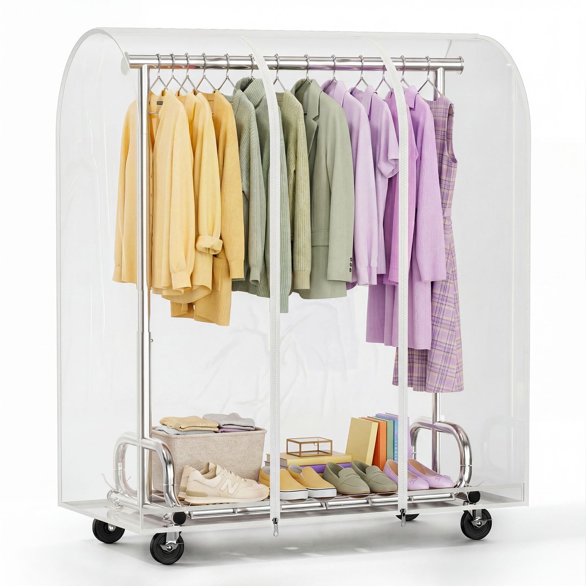 HOKEEPER Zwaar uitschuifbaar kledingrek op wielen – 116-180 cm breed, hoogte 163-175 cm, 3-in-1 (kleding, schoenen, paraplu's) – zilver
