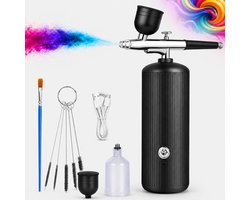 Airbrush Set Draadloos - Mini Compressor 3 Standen - Oplaadbare Verfspuit - 2000mAh Batterij - Hoge Druk en Fijne Verneveling - Inclusief Nozzles en Reinigingsborstel - Voor Make-up Nagels Modelbouw - Zwart