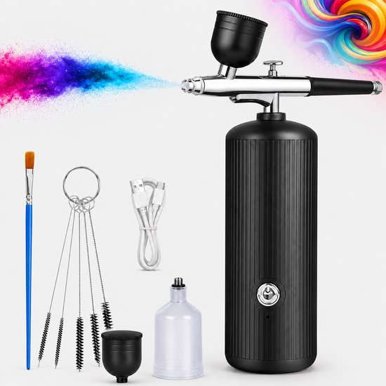 Airbrush Set Draadloos - Mini Compressor 3 Standen - Oplaadbare Verfspuit - 1200mAh Batterij - Hoge Druk en Fijne Verneveling - Inclusief Nozzles en Reinigingsborstel - Voor Make-up Nagels Modelbouw - Zwart