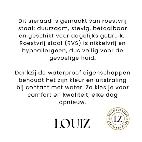Tekst over LOUIZ sieraden, gemaakt van roestvrij staal, waterdicht, nikkelvrij en hypoallergeen.
