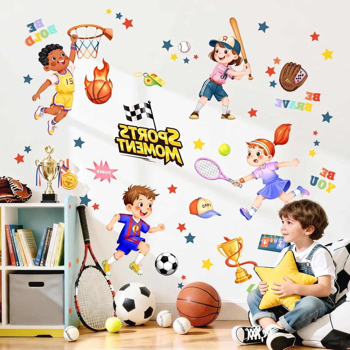 Sportieve Wandstickers voor Kinderen - Baseball, Tennis, Voetbal en Basketbal - Decoratie voor Babykamers, Gymzalen en Klassenruimtes