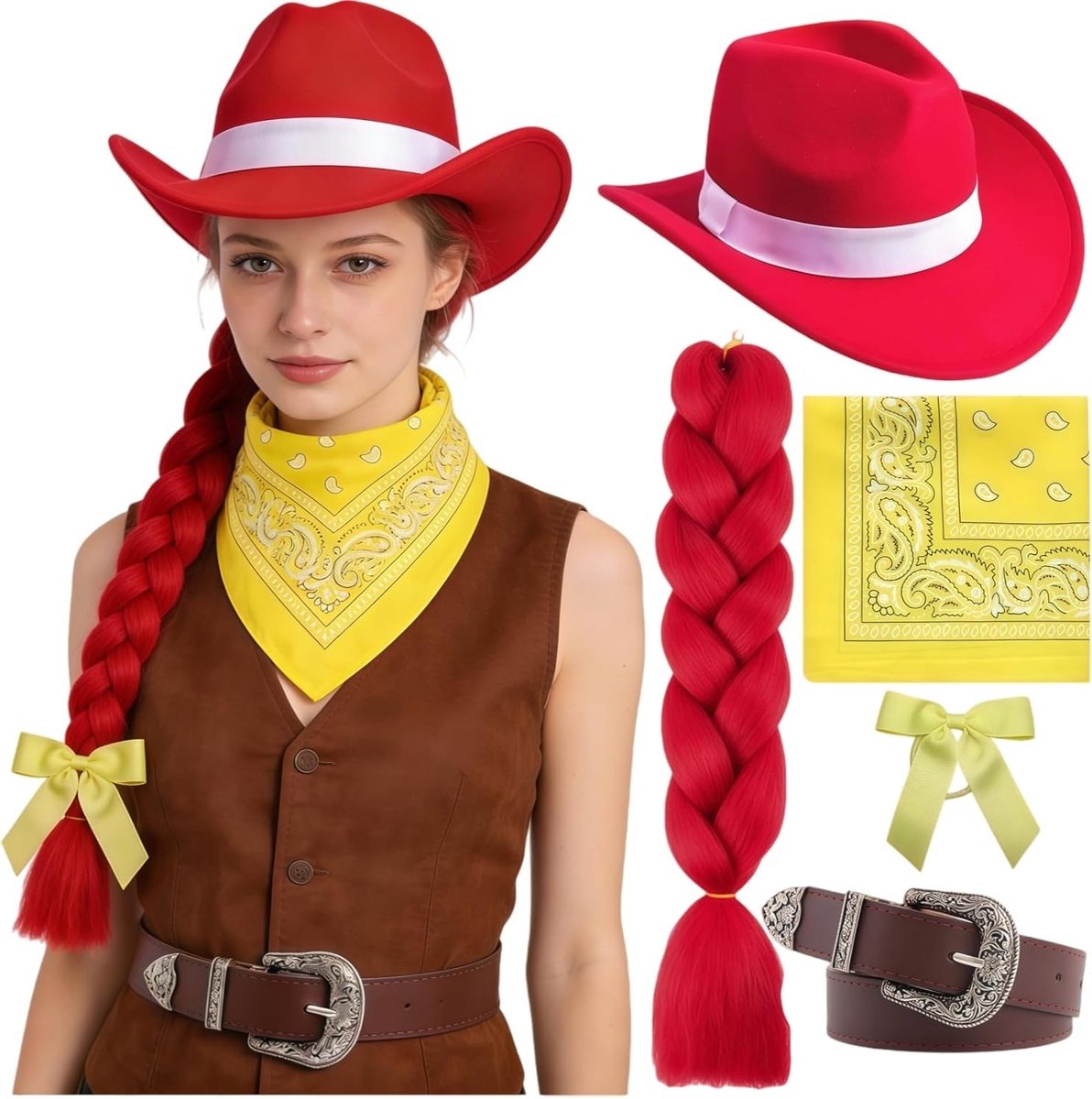 Cowboy Kostuumaccessoires voor Kinderen - 5-delige Halloween Outfit met Rode Vlecht, Hoed, Riem en Sjaal voor Meisjes - Cowboys Cosplay en Verkleedfeest voor Carnaval en Halloween