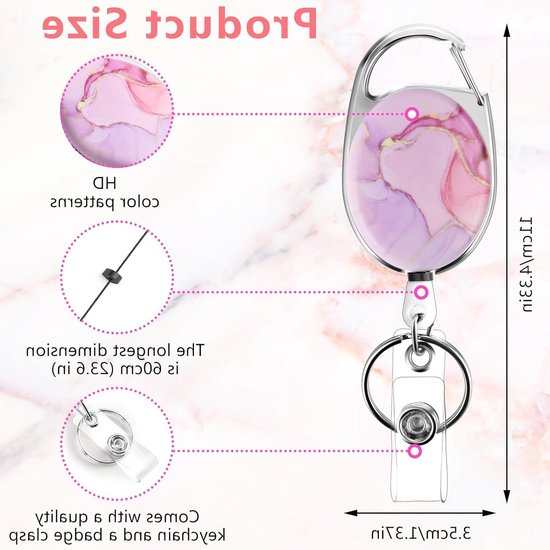 Dubbelzijdige Retractable Badge Reel met Marmerpatroon, Duurzame Sleutelhanger en Clip voor Identificatie en Sleutels, Perfect voor Werk en Evenementen (Roze Marmer) — afbeelding 5
