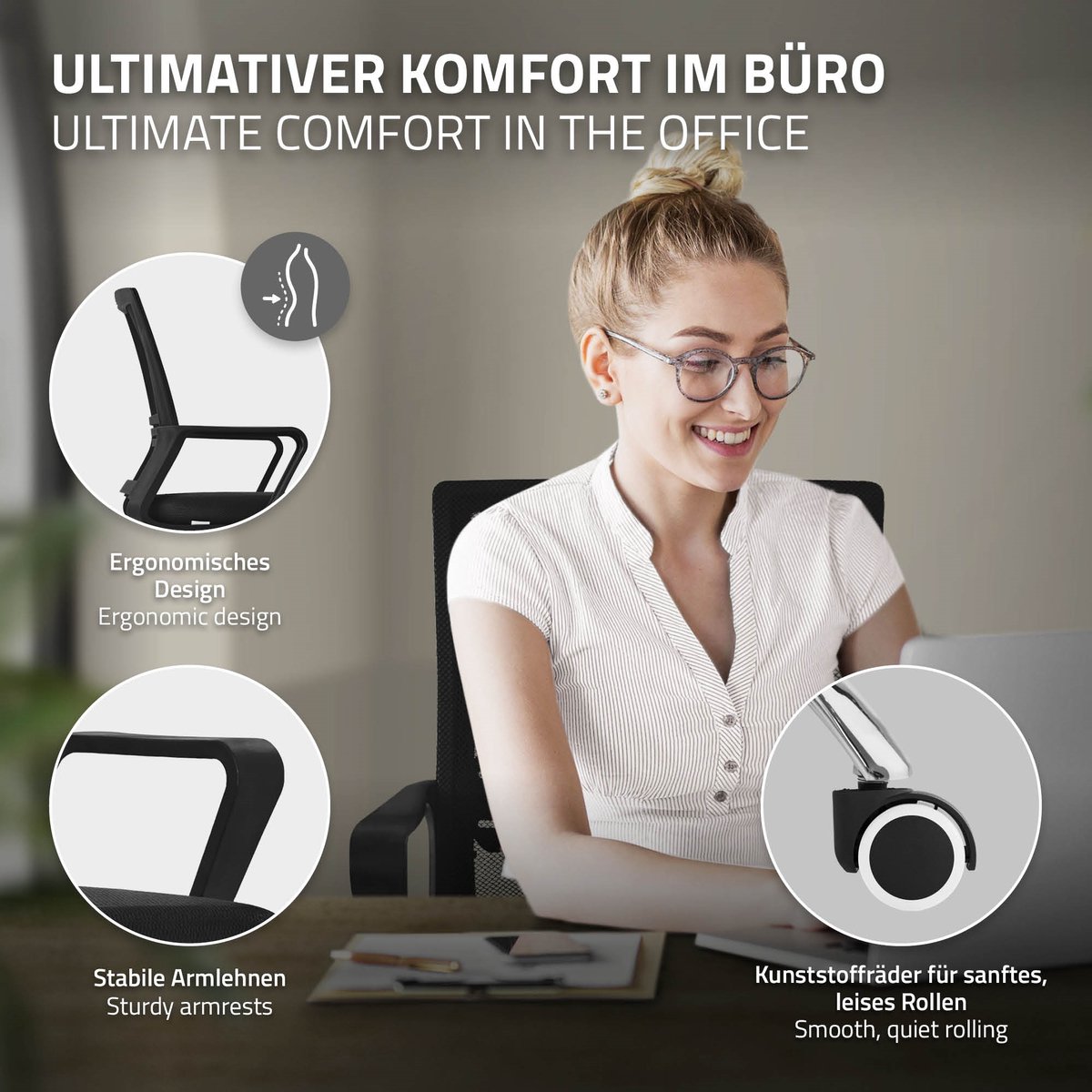 Ergonomische bureaustoel, zwart, in hoogte verstelbare bureaustoel met armleuningen, wielen, computerstoel 360° draaibare stoel gaming stoel ML-Design thumbnail 2
