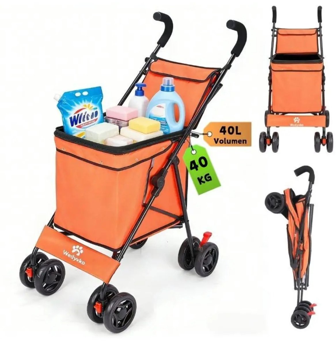 M-Goods - Boodschappentrolley Opvouwbaar - Winkelwagen met Wielen - Boodschappenkar 40L - Lichtgewicht Trolley - Oranje