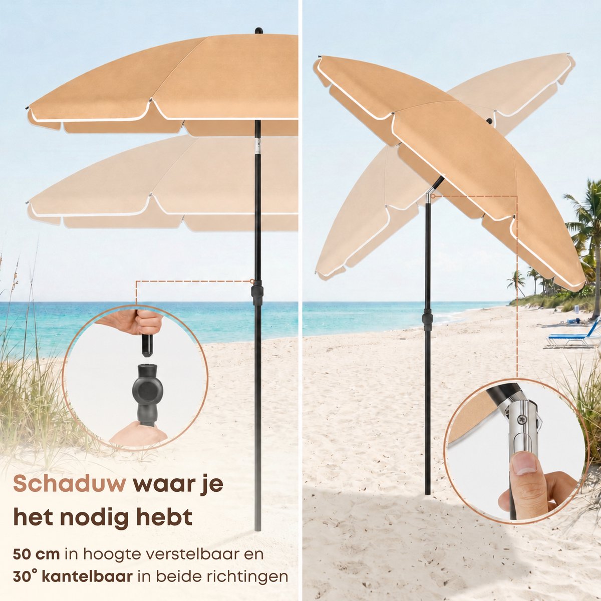 ACAZA Parasol - Strandparasol - Zandbruin - 160 cm diameter - inclusief Draagtas - Rond - Tuinparasol - Kantelbaar - Waterdicht - Terras Parasol voor Appartement - Parasol Strand - Tot 2 Personen – foto 6