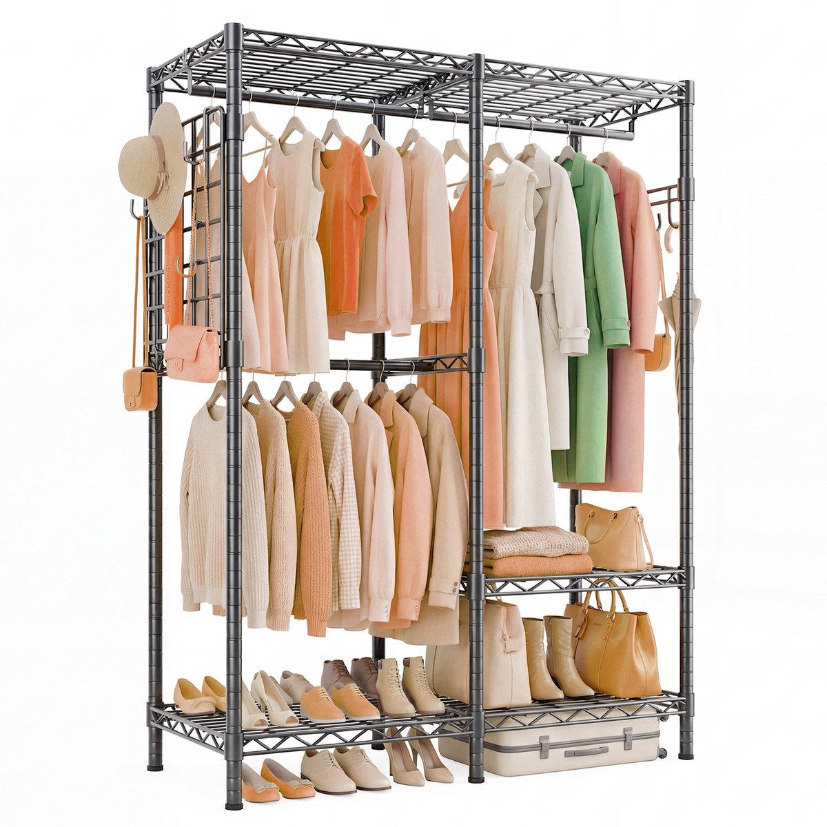 HOKEEPER Zwaar kledingrek op wielen – 117x43x193.5 cm, draagkracht 498 kg, met zijnet en haken, verstelbare planken – zwart