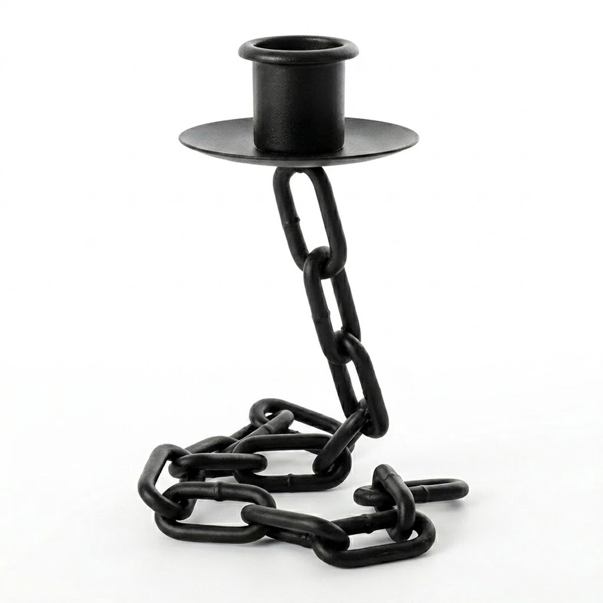 NUVEX Zwarte metalen kandelaar tafelmodel met ketting basis – kandelaar voor dames en heren – medium formaat met ronde kaarshouder en industriële uitstraling voor tafel en interieur decoratie