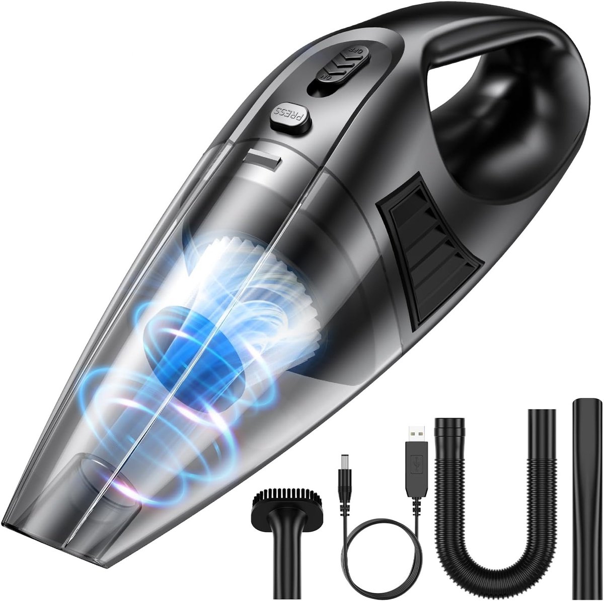 Draadloze Handstofzuiger - 120W Krachtige Stofzuiger Accu - 60.000 TPM & 9.000 Pa - USB Oplaadbaar - 3 Mondstukken & 2 Wasbare Filters - voor Auto & Thuis - 0,6kg Lichtgewicht - 1 Stuk