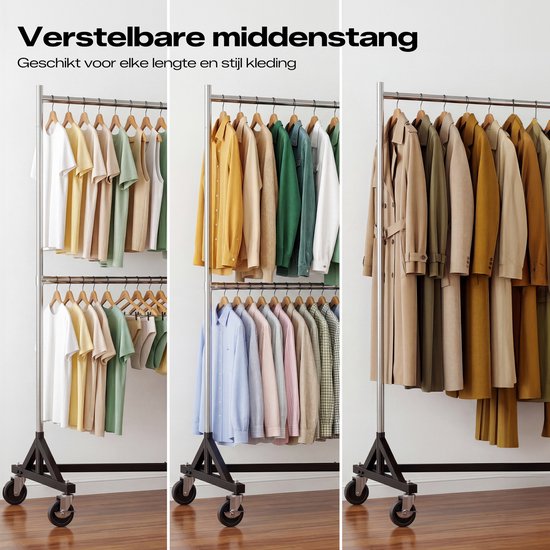 Drie configuraties van een kledingrek met kleding in verschillende stijlen en kleuren, waaronder trenchcoats.